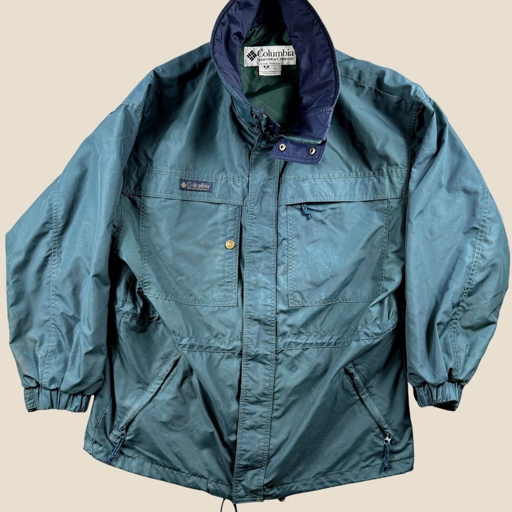 Vintage Columbia Jacket Mens M Teal Blue Nylon Full Zip Windbreaker Parka Retro